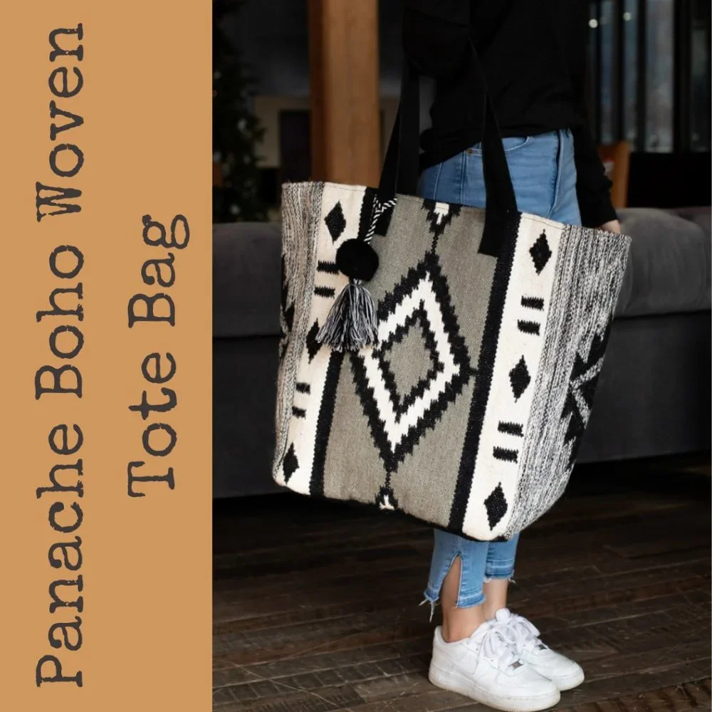 Panache Boho Aztec Woven Tote Bag With Pom Detail - Picture 2 of 10